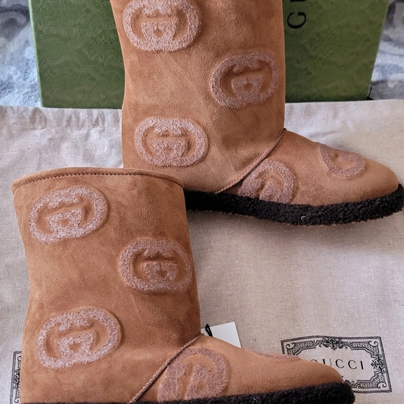 GUCCI SHEARLING BOOTS BROWN SUEDE GUCCI LOGO PRESTIGE GIANT PRINT 39.5 =9.5US - Picture 5 of 16